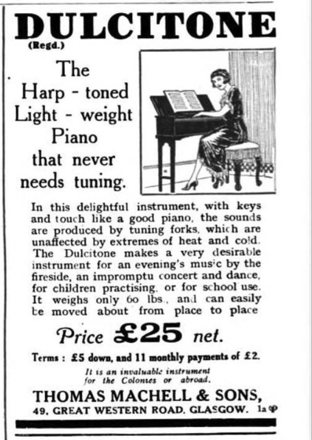 Dulcitone, By Thomas Machell & Sons, between 1870 and 1929, Idiophone, Photo credit: Dulcitone Advertisement [The Strand Magazine, G. Newnes, vol. 65 (1923), p. 50, col. 2].